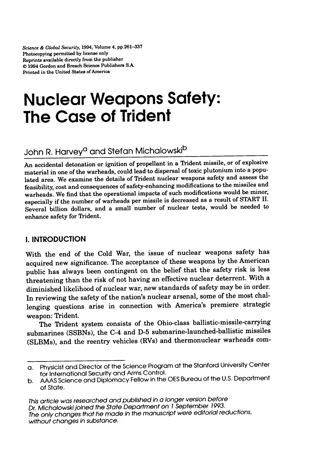 Nuclear Weapons Safety: the Case of Trident