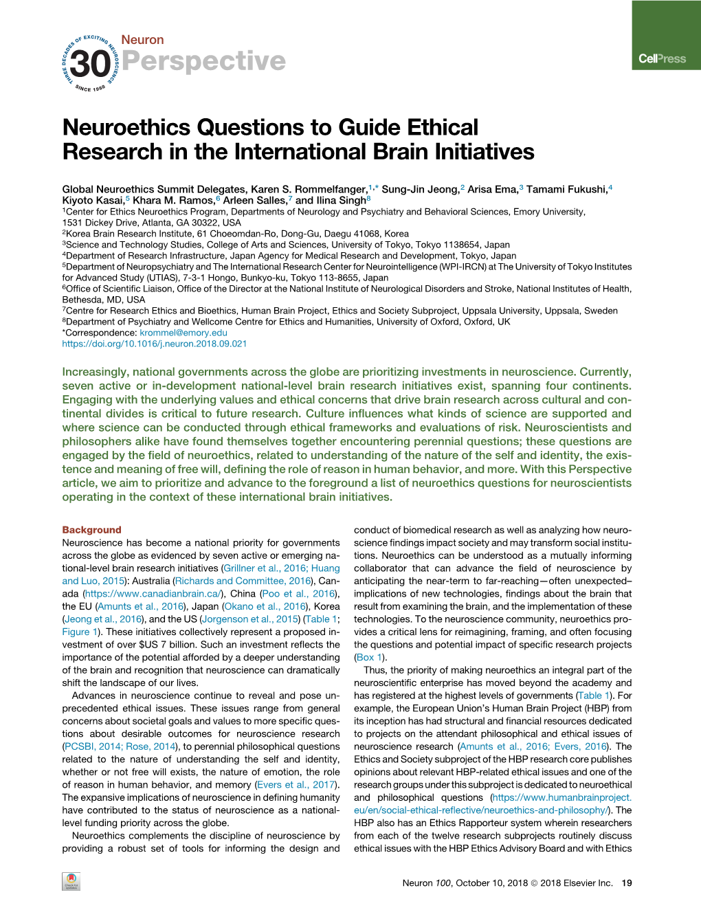 Neuroethics Questions to Guide Ethical Research in the International Brain Initiatives