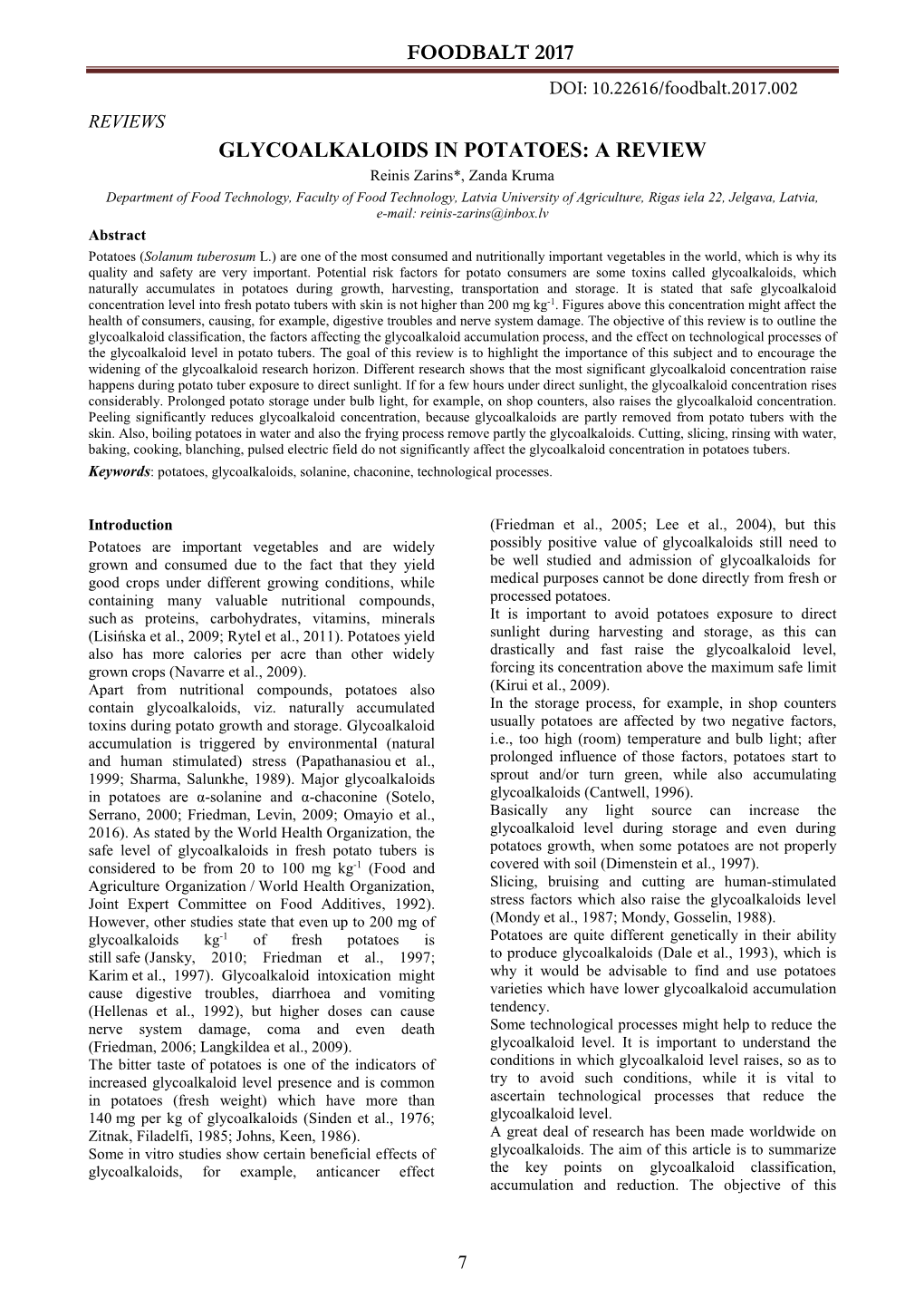 Glycoalkaloids in Potatoes: a Review