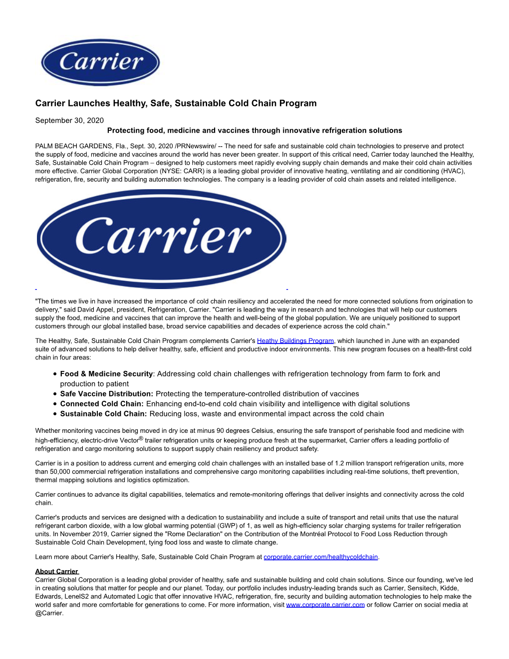 Carrier Launches Healthy, Safe, Sustainable Cold Chain Program