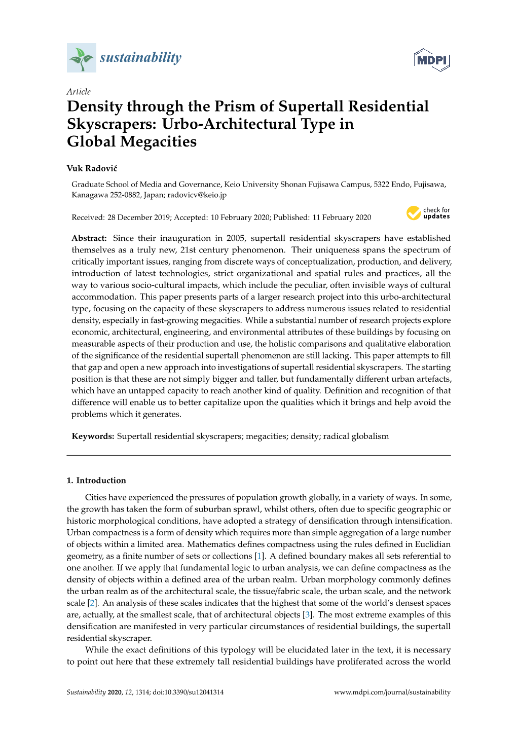 Density Through the Prism of Supertall Residential Skyscrapers: Urbo-Architectural Type in Global Megacities