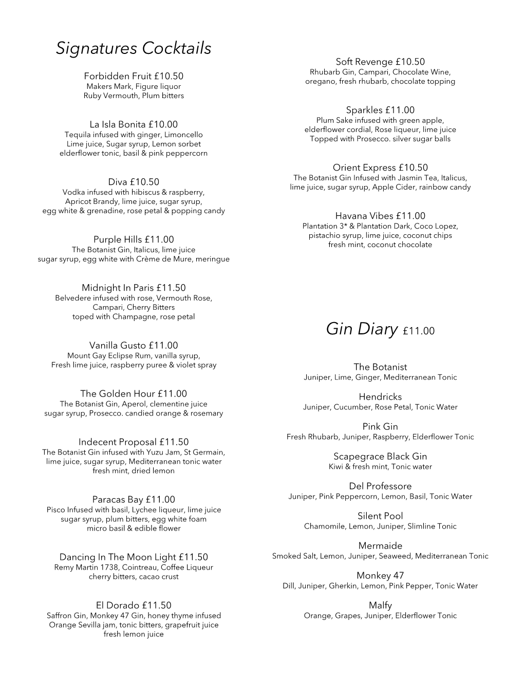 Signatures Cocktails Gin Diary £11.00