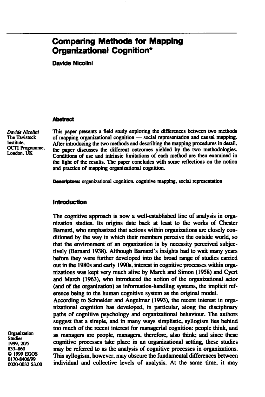 Comparing Methods for Mapping Organizationai Cognition* Davide Nicolini