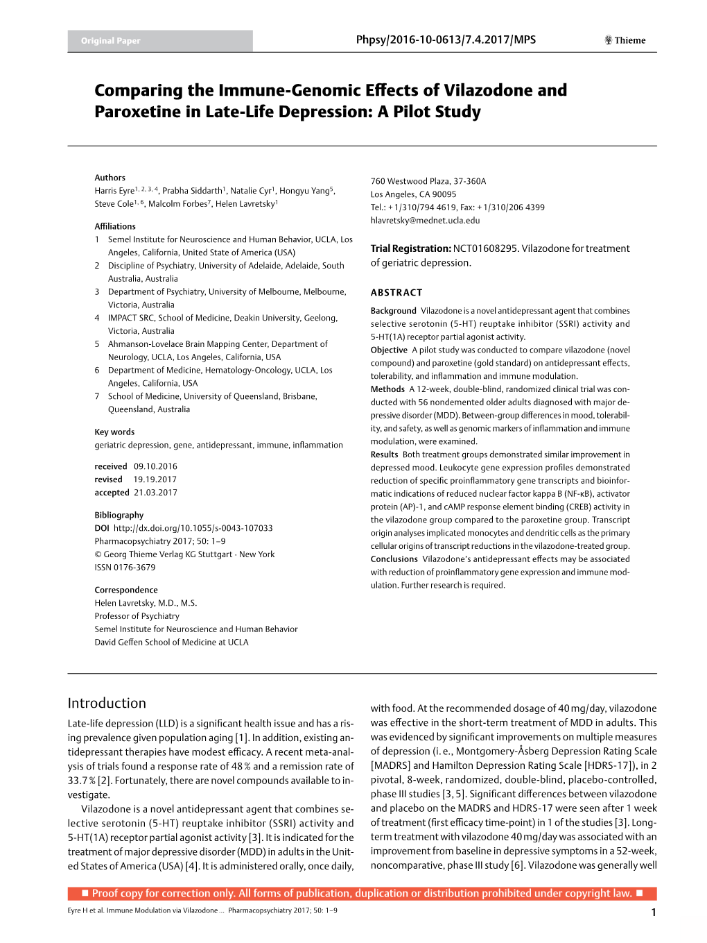 Comparing the Immune-Genomic Effects of Vilazodone and ­Paroxetine in Late-Life Depression: a Pilot Study