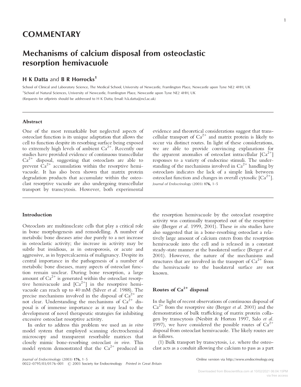 COMMENTARY Mechanisms of Calcium Disposal from Osteoclastic