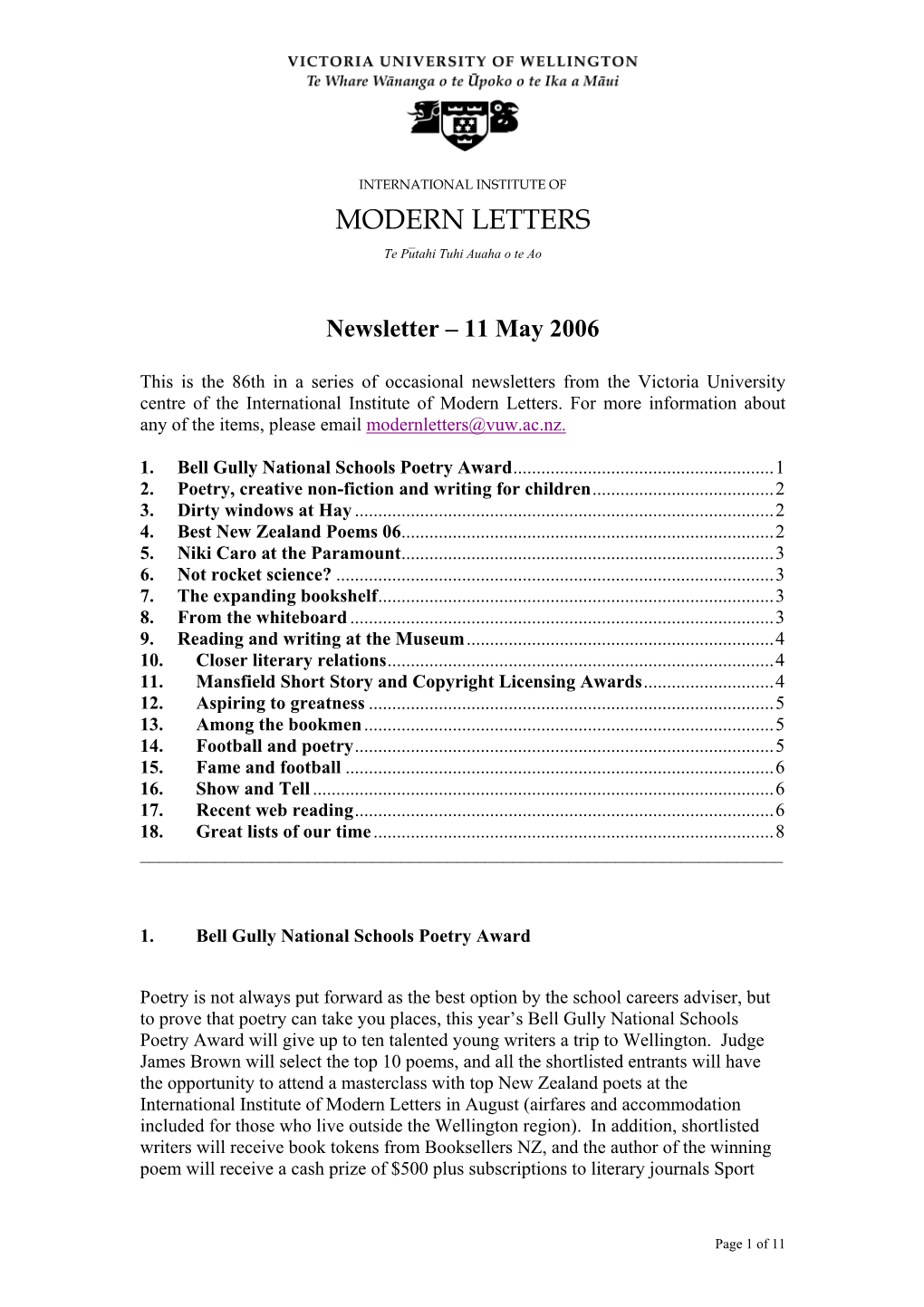 Newsletter – 11 May 2006
