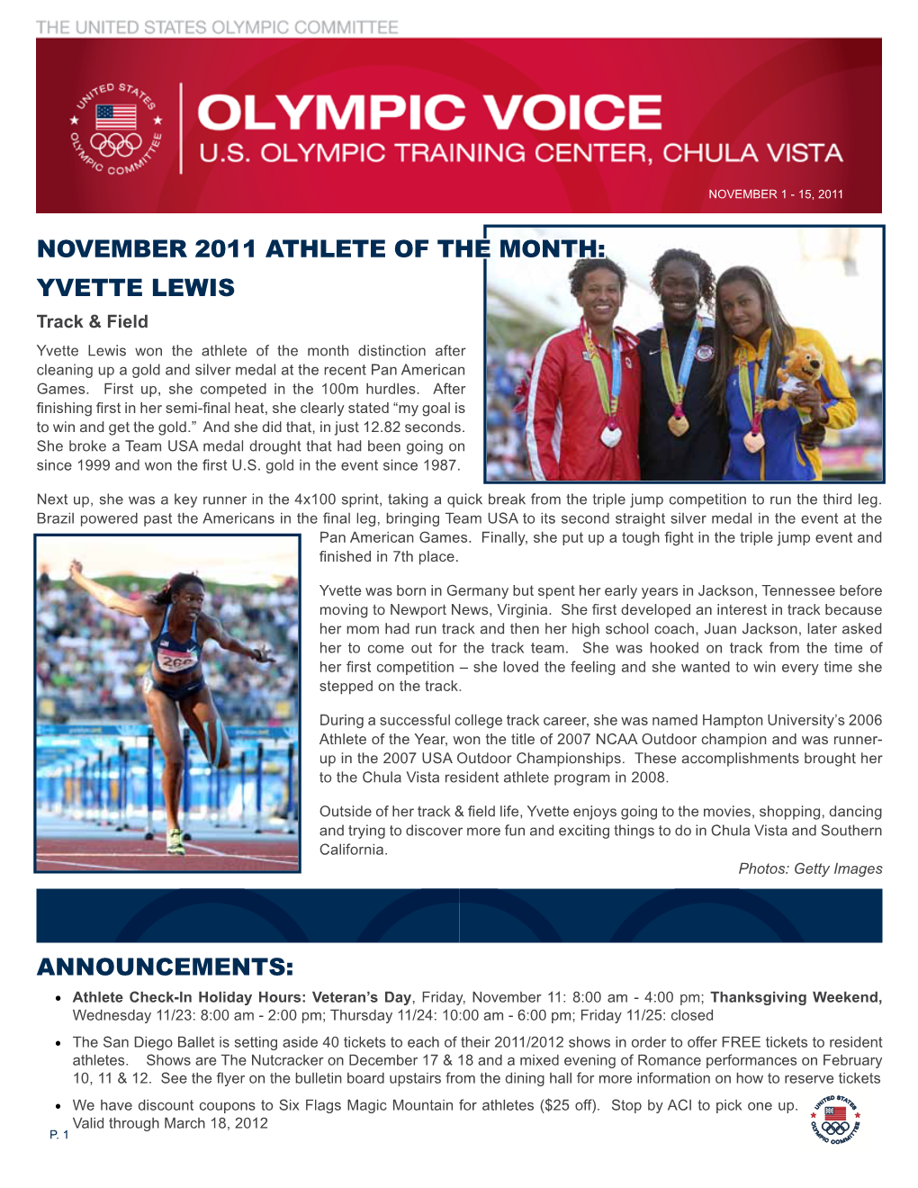 November 2011 Athlete of the Month: Yvette Lewis Announcements