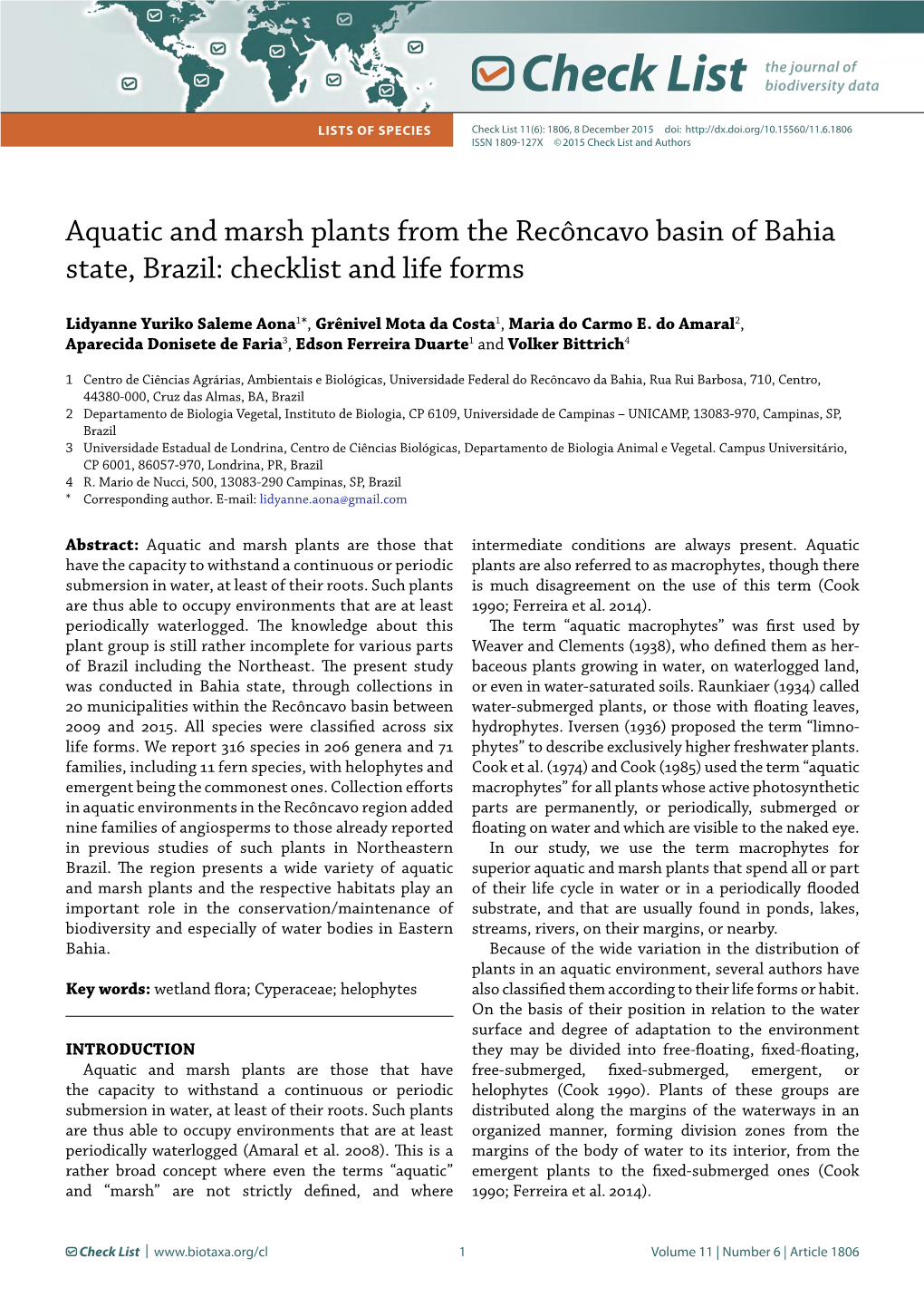 Check List Lists of Species Check List 11(6): 1806, 8 December 2015 Doi: ISSN 1809-127X © 2015 Check List and Authors