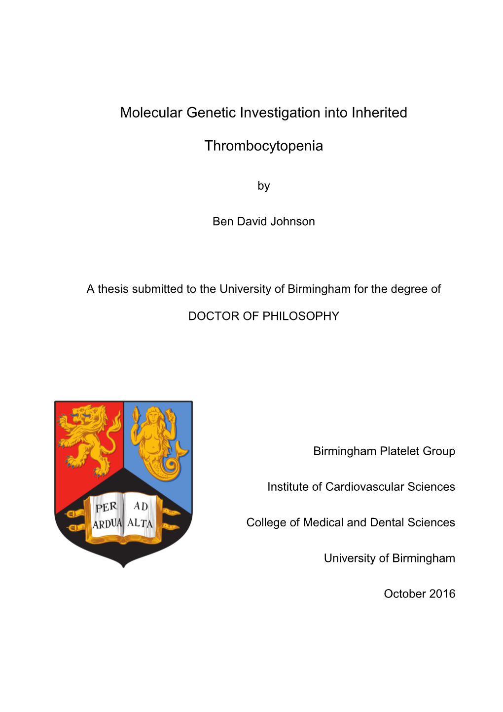 Molecular Genetic Investigation Into Inherited Thrombocytopenia