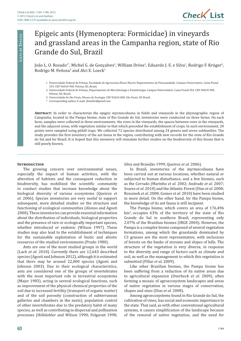 Check List 8(6): 1184–1189, 2012 © 2012 Check List and Authors Chec List ISSN 1809-127X (Available at Journal of Species Lists and Distribution