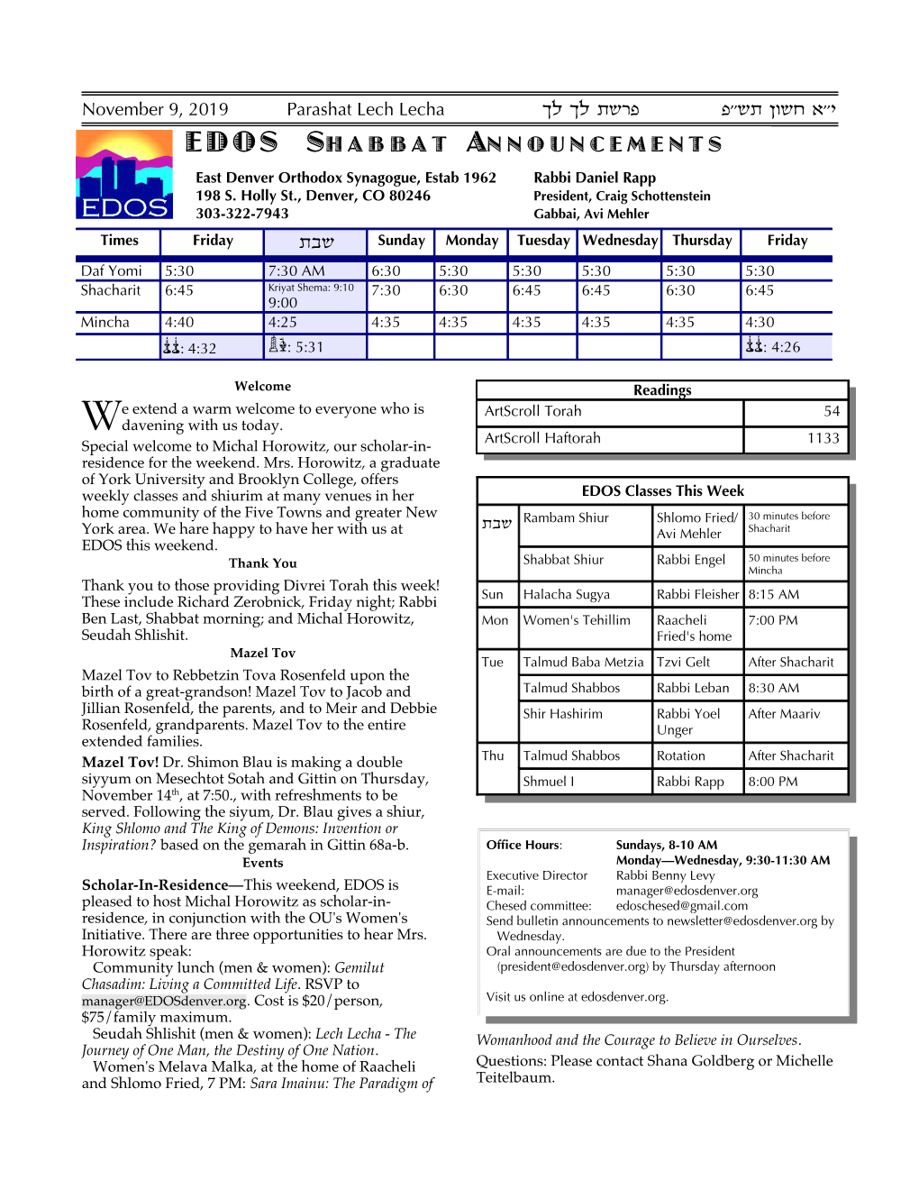 EDOS SHABBAT ANNOUNCEMENTS East Denver Orthodox Synagogue, Estab 1962 Rabbi Daniel Rapp 198 S