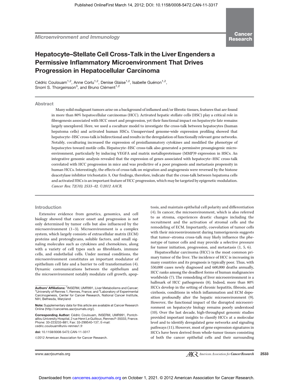 Hepatocyte–Stellate Cell Cross-Talk in the Liver Engenders a Permissive Inﬂammatory Microenvironment That Drives Progression in Hepatocellular Carcinoma