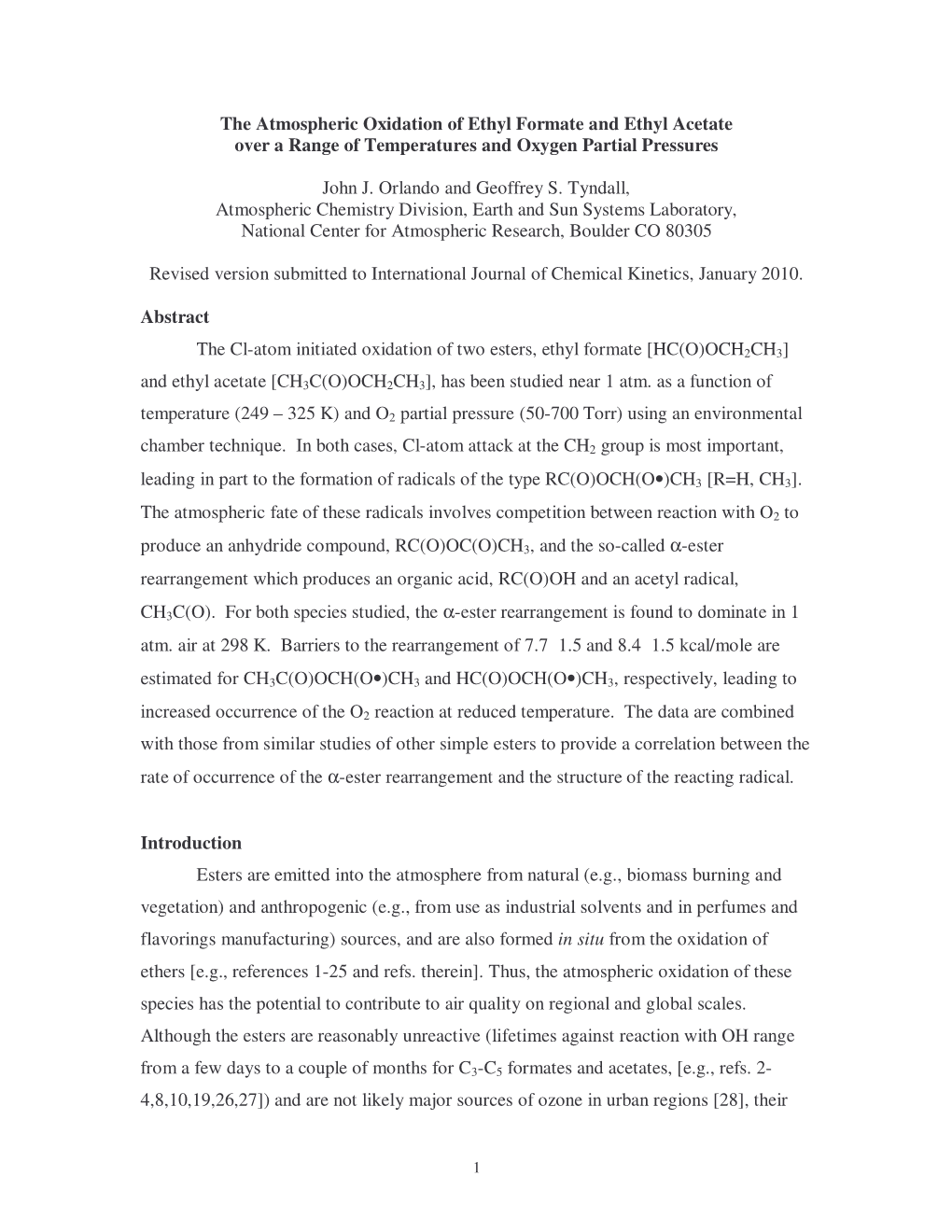 The Atmospheric Oxidation of Ethyl Formate and Ethyl Acetate Over a Range of Temperatures and Oxygen Partial Pressures John J