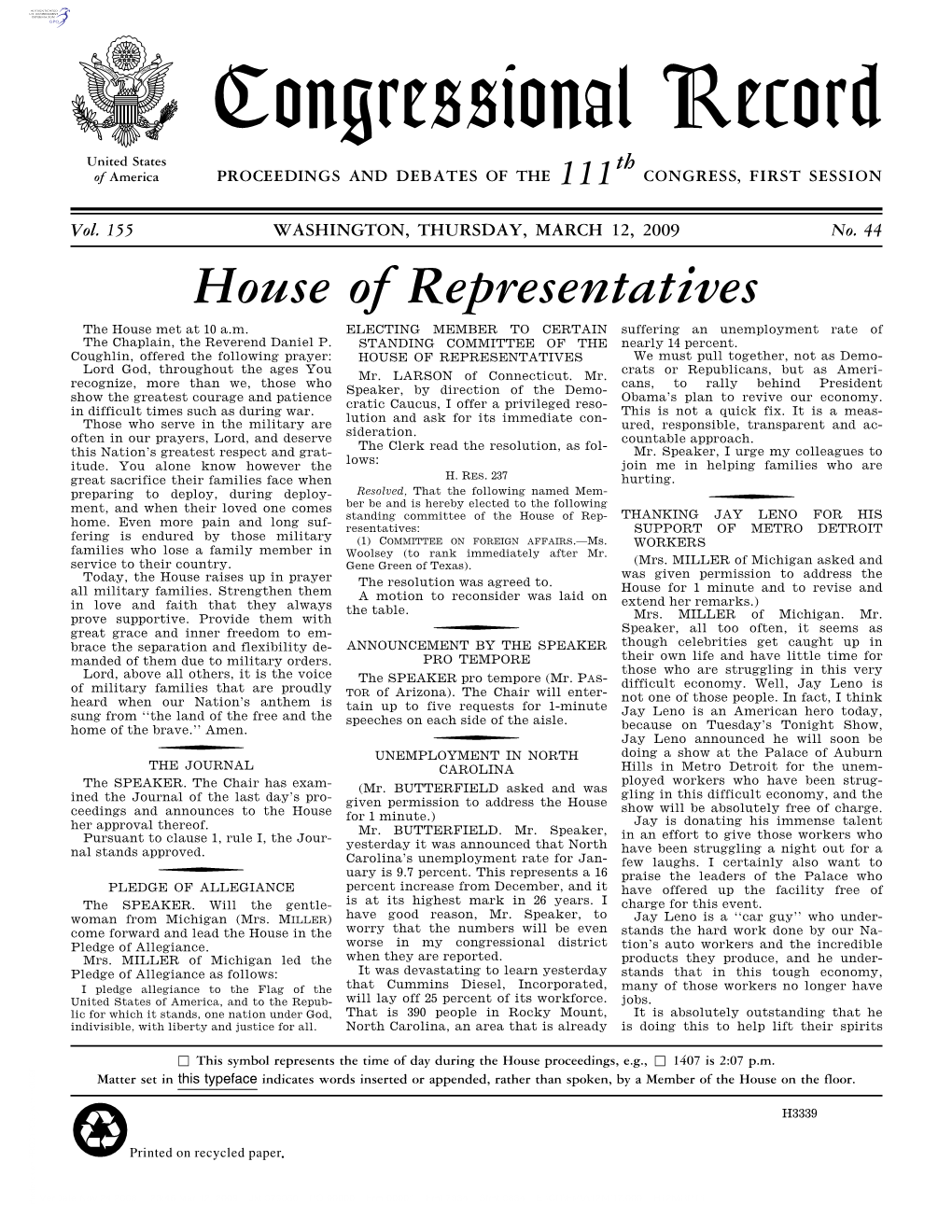 Congressional Record United States Th of America PROCEEDINGS and DEBATES of the 111 CONGRESS, FIRST SESSION