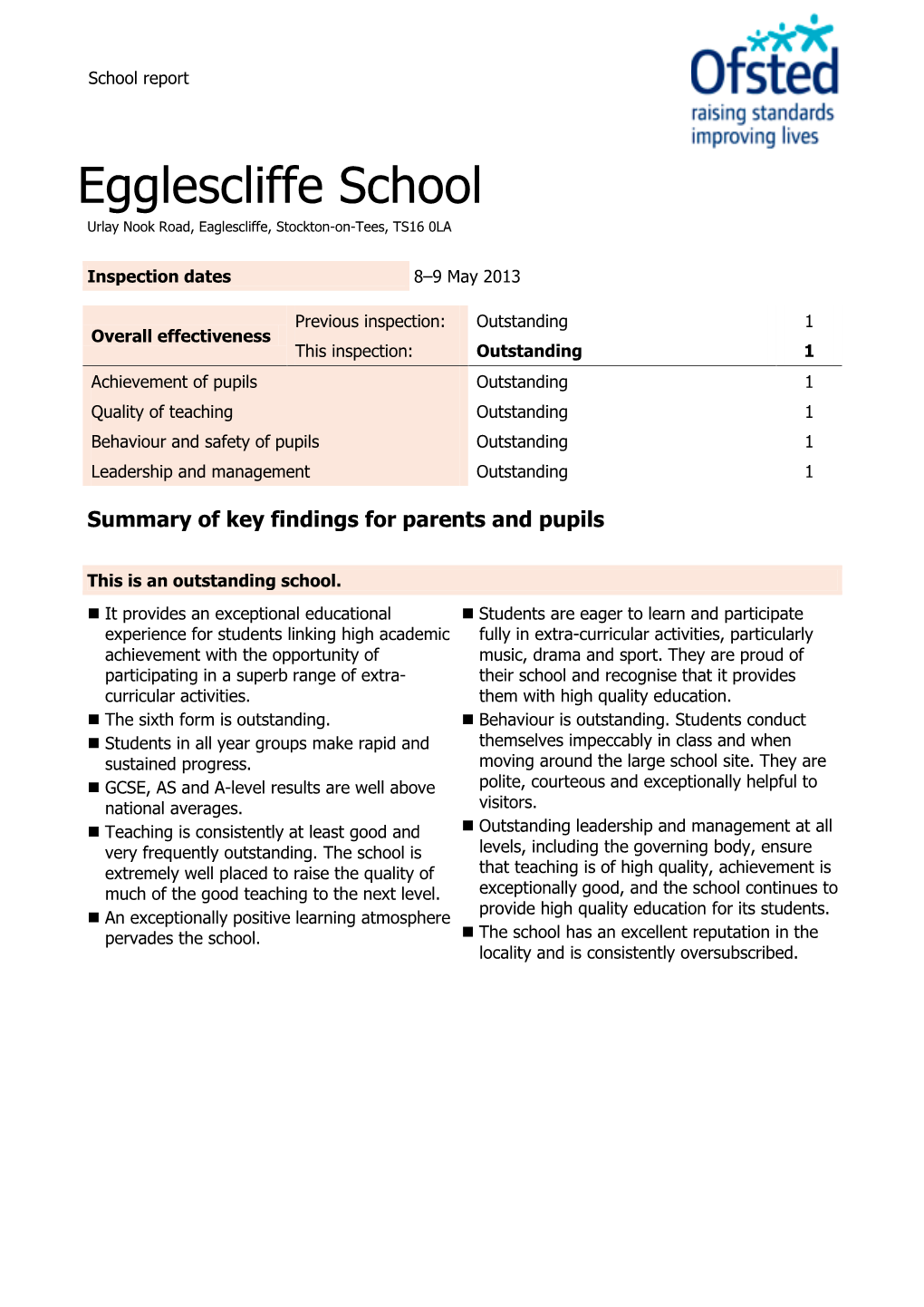 Egglescliffe School Urlay Nook Road, Eaglescliffe, Stockton-On-Tees, TS16 0LA