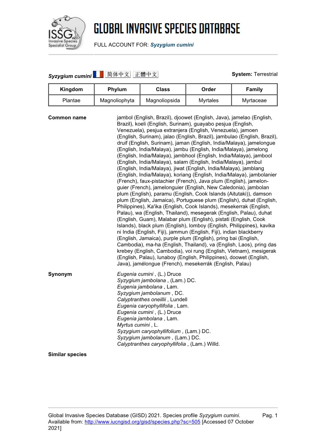 FULL ACCOUNT FOR: Syzygium Cumini Global Invasive Species Database (GISD) 2021. Species Profile Syzygium Cumini. Available From