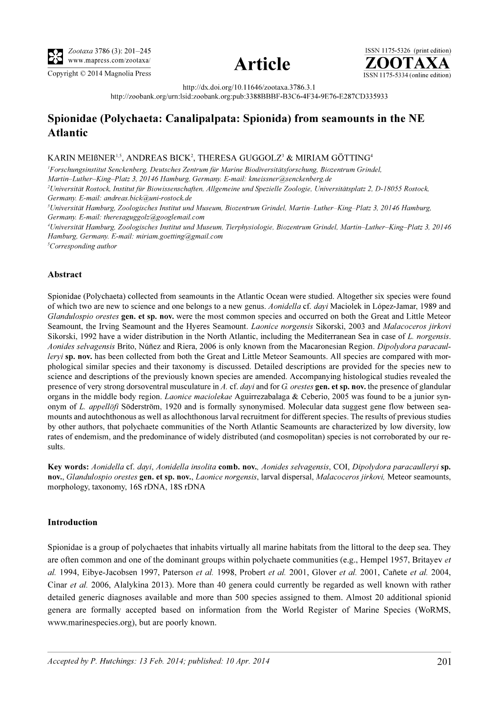 Polychaeta: Canalipalpata: Spionida) from Seamounts in the NE Atlantic