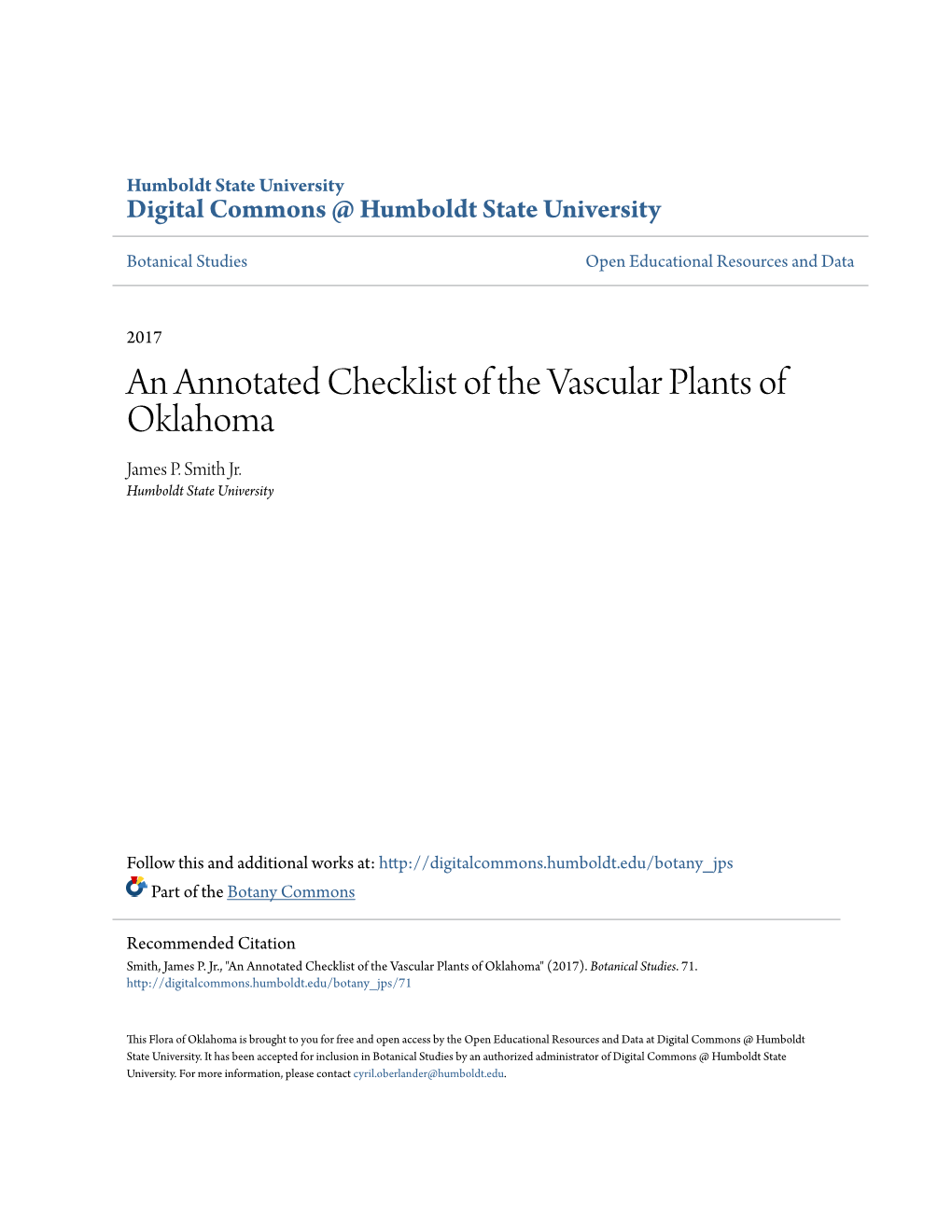 An Annotated Checklist of the Vascular Plants of Oklahoma James P