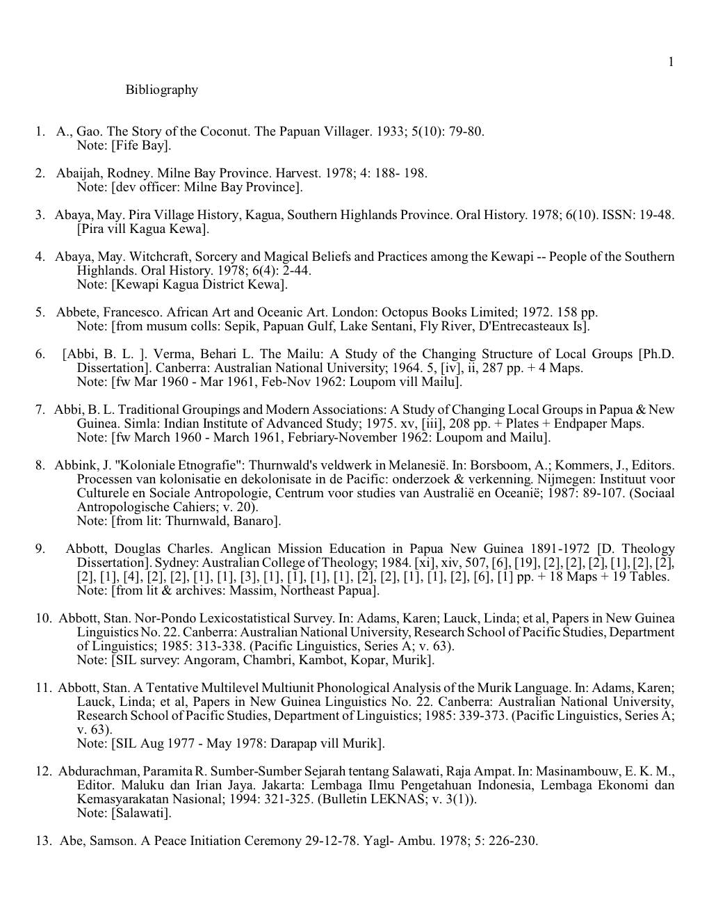 1 Bibliography 1. A., Gao. the Story of the Coconut. the Papuan Villager. 1933; 5(10): 79-80. Note: [Fife Bay]. 2. Abaijah