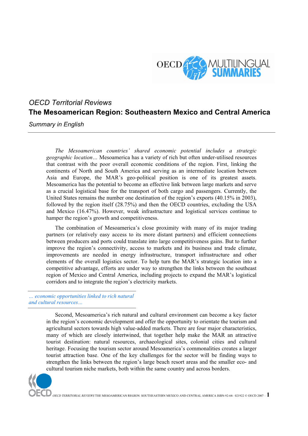 OECD Territorial Reviews the Mesoamerican Region: Southeastern Mexico and Central America Summary in English