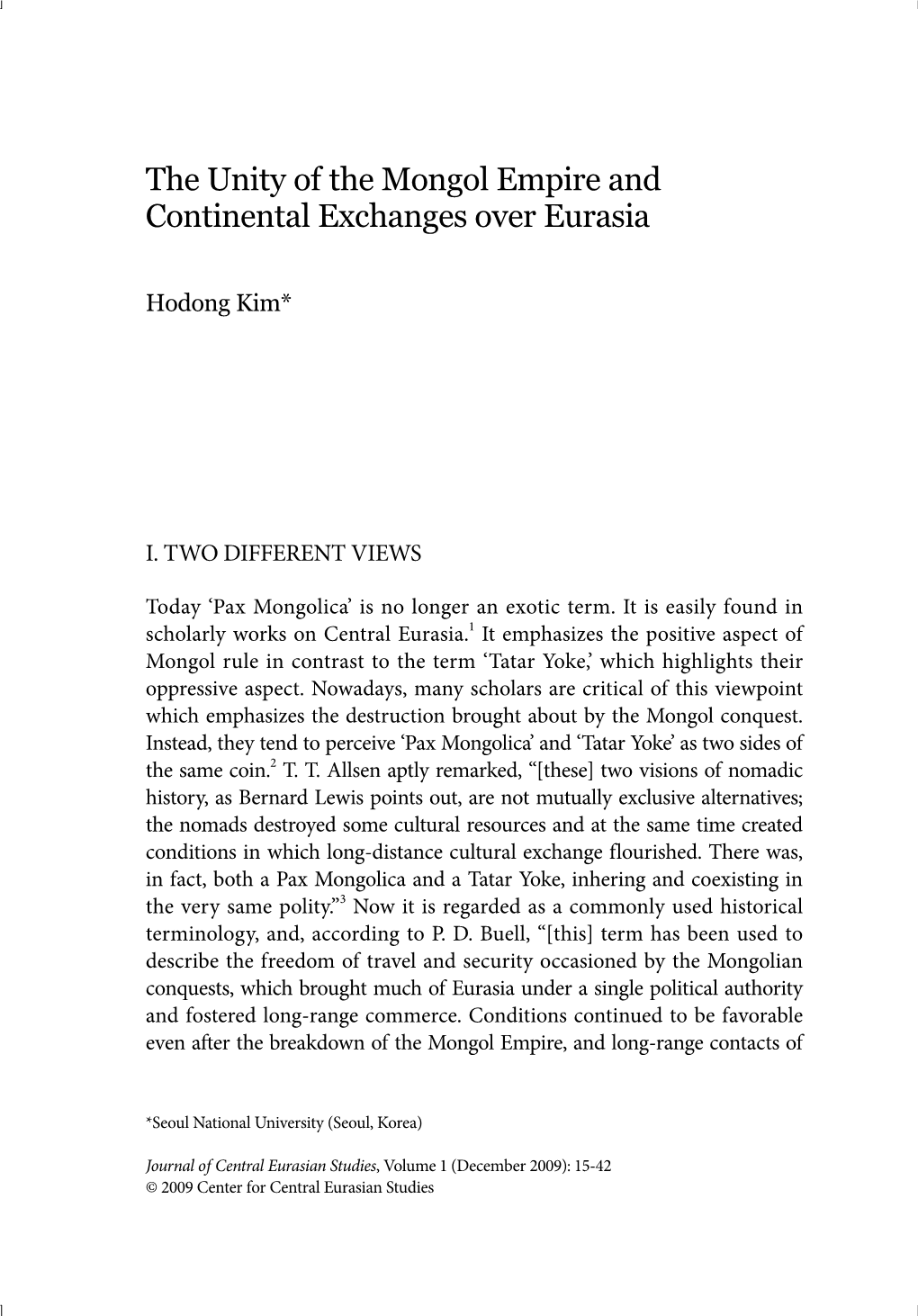 The Unity of the Mongol Empire and Continental Exchanges Over Eurasia