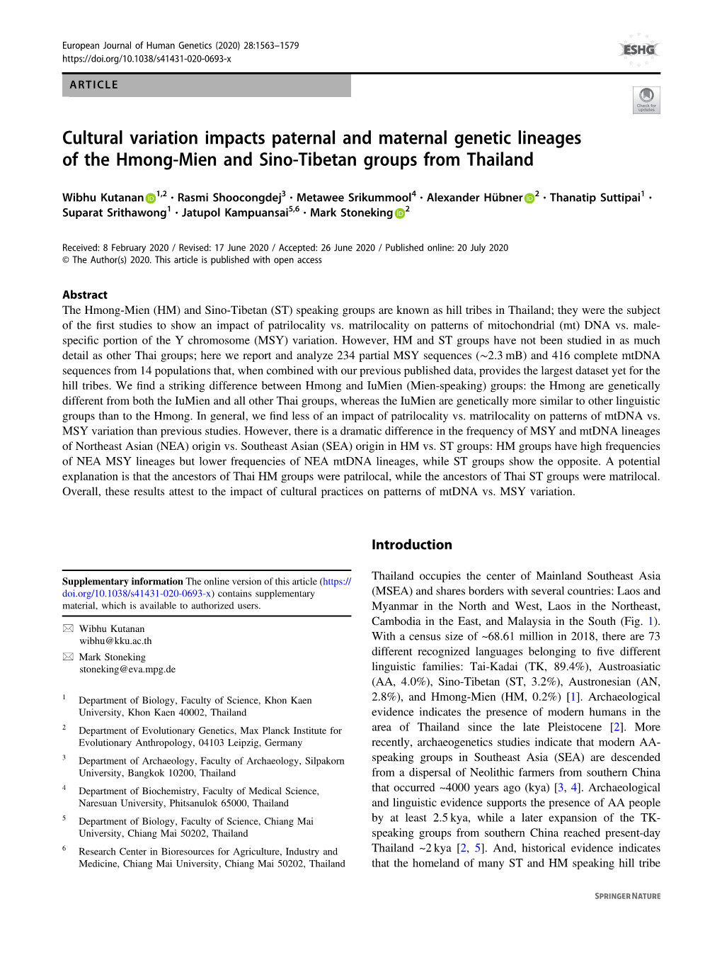 Cultural Variation Impacts Paternal and Maternal Genetic Lineages of the Hmong-Mien and Sino-Tibetan Groups from Thailand