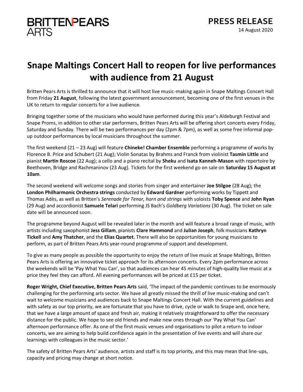 Snape Maltings Concert Hall to Reopen for Live Performances with Audience from 21 August