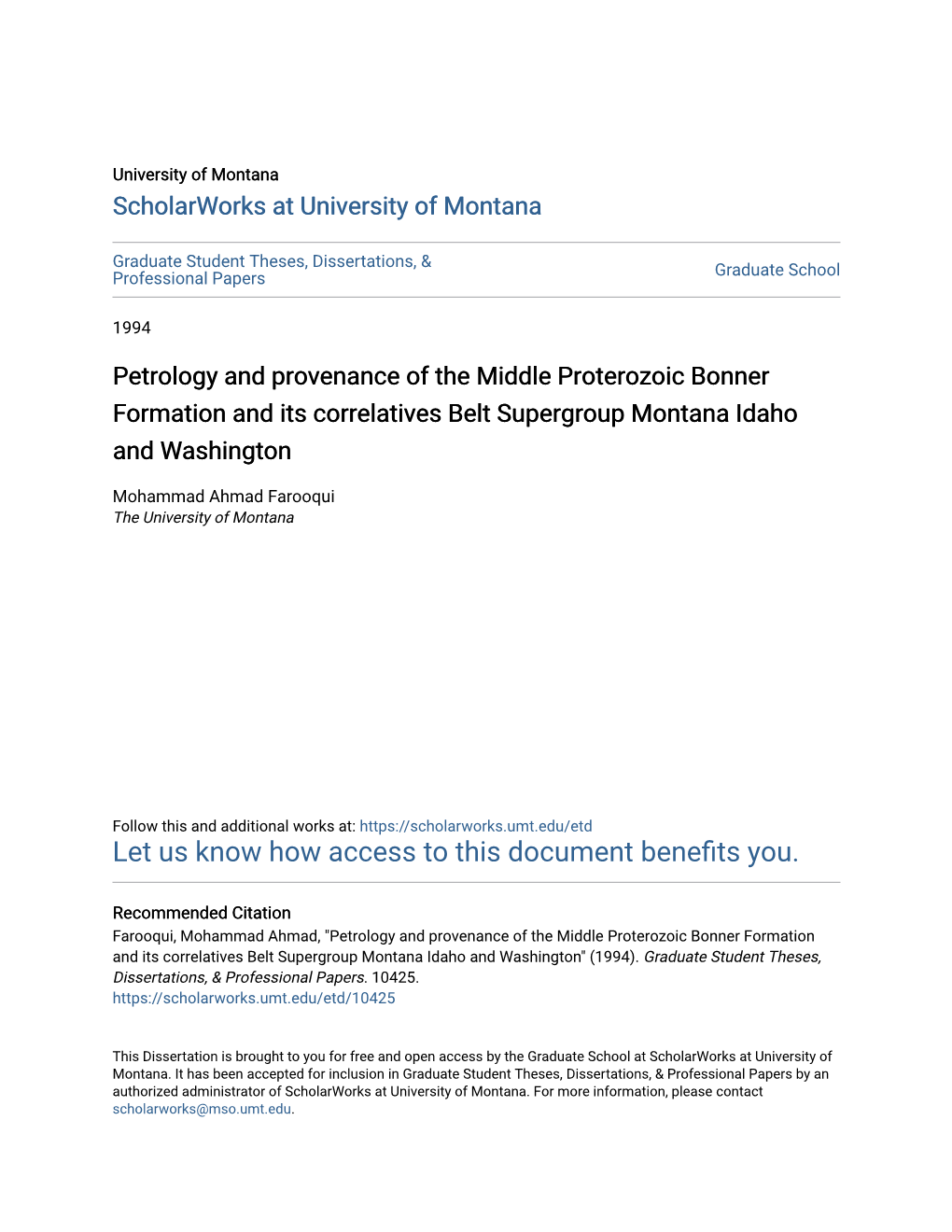 Petrology and Provenance of the Middle Proterozoic Bonner Formation and Its Correlatives Belt Supergroup Montana Idaho and Washington