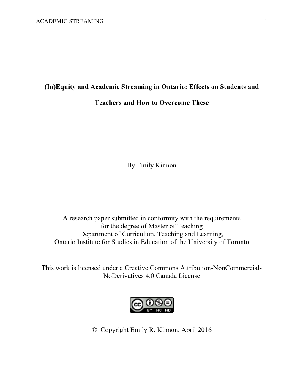 (In)Equity and Academic Streaming in Ontario: Effects on Students And