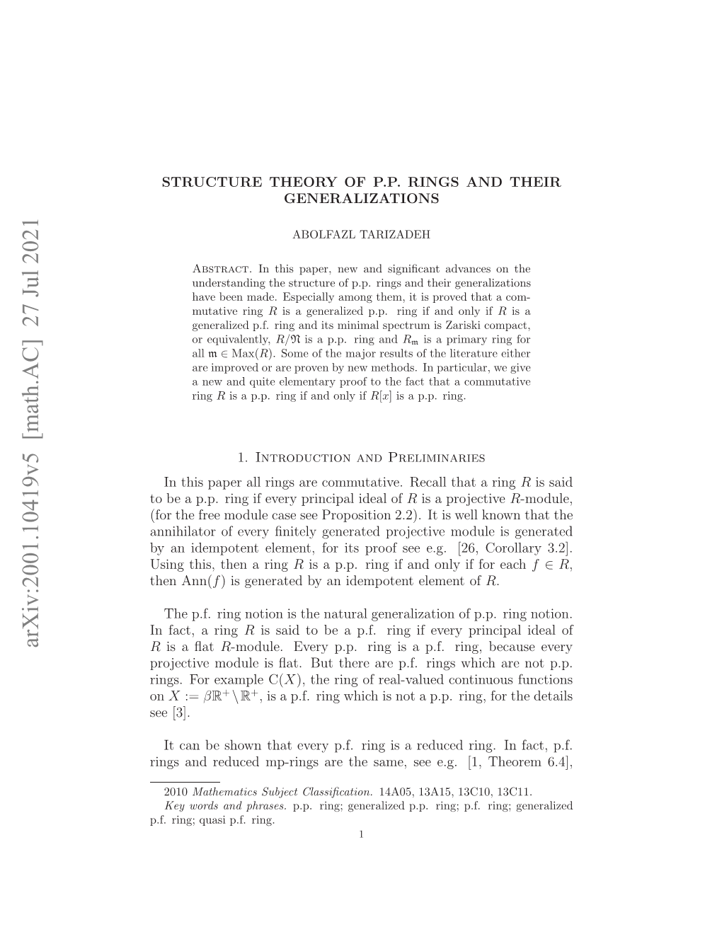 Arxiv:2001.10419V5 [Math.AC] 27 Jul 2021 Nfc,Aring a Fact, in Rjciemdl Sﬂt U Hr R ..Rnswihaentp.P