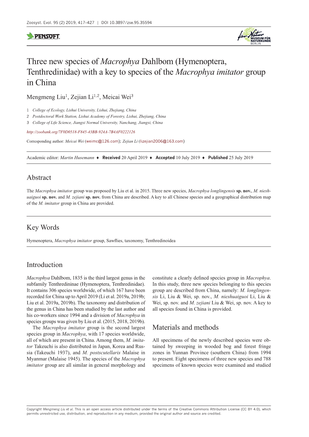 Three New Species of Macrophya Dahlbom (Hymenoptera, Tenthredinidae) with a Key to Species of the Macrophya Imitator Group in China