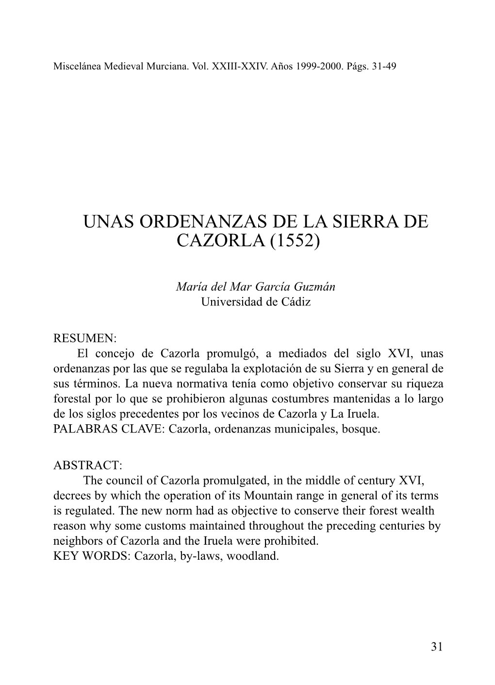 Unas Ordenanzas De La Sierra De Cazorla (1552)