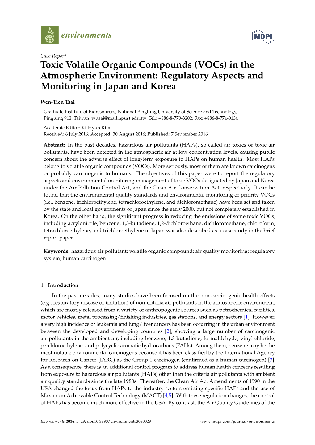 Toxic Volatile Organic Compounds (Vocs) in the Atmospheric Environment: Regulatory Aspects and Monitoring in Japan and Korea