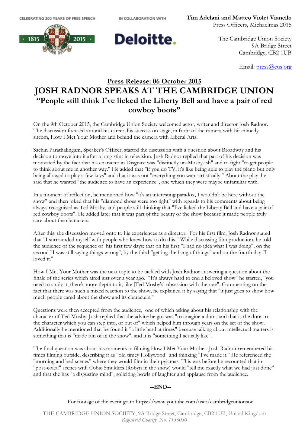 JOSH RADNOR SPEAKS at the CAMBRIDGE UNION “People Still Think I've Licked the Liberty Bell and Have a Pair of Red Cowboy Boots”