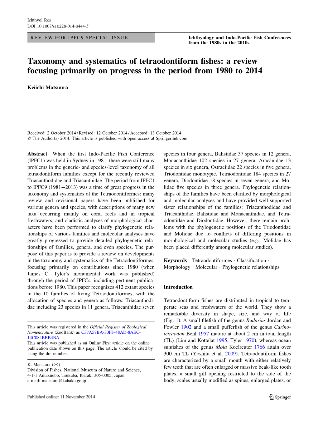 Taxonomy and Systematics of Tetraodontiform Fishes