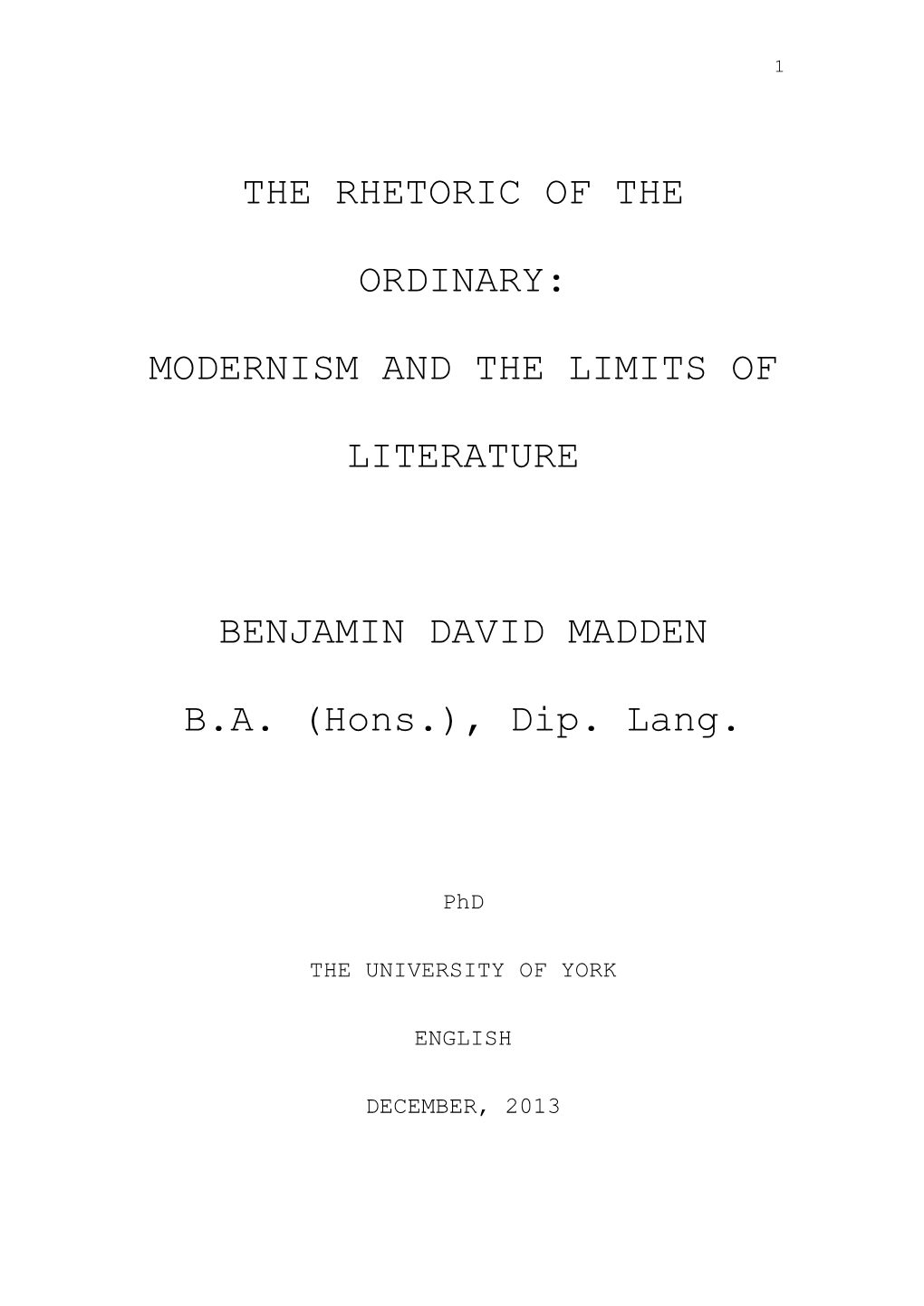 Modernism and the Limits of Literature Benjamin David