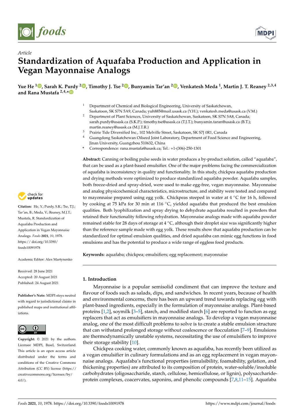 Standardization of Aquafaba Production and Application in Vegan Mayonnaise Analogs