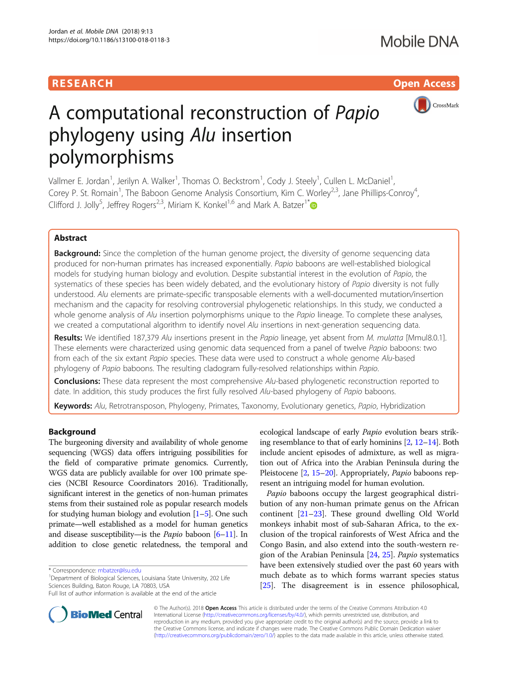 A Computational Reconstruction of Papio Phylogeny Using Alu Insertion Polymorphisms Vallmer E