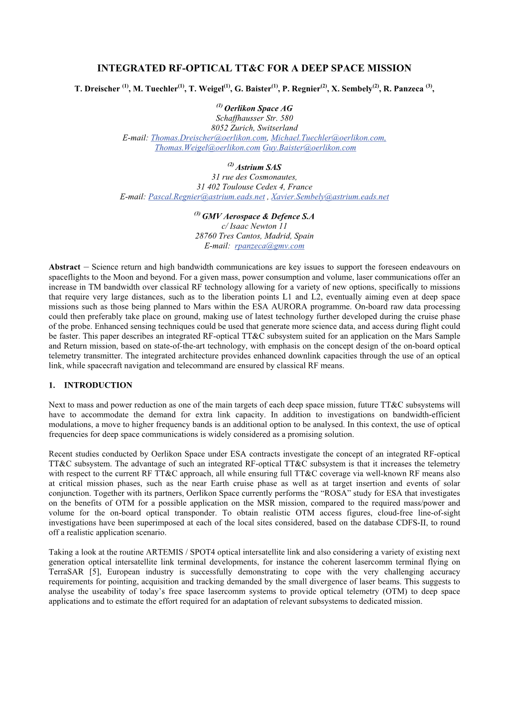 Integrated Rf-Optical Tt&C for a Deep Space Mission