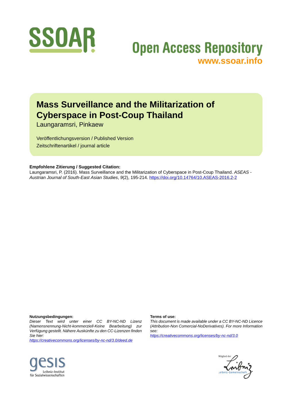 Mass Surveillance and the Militarization of Cyberspace in Post-Coup Thailand Laungaramsri, Pinkaew