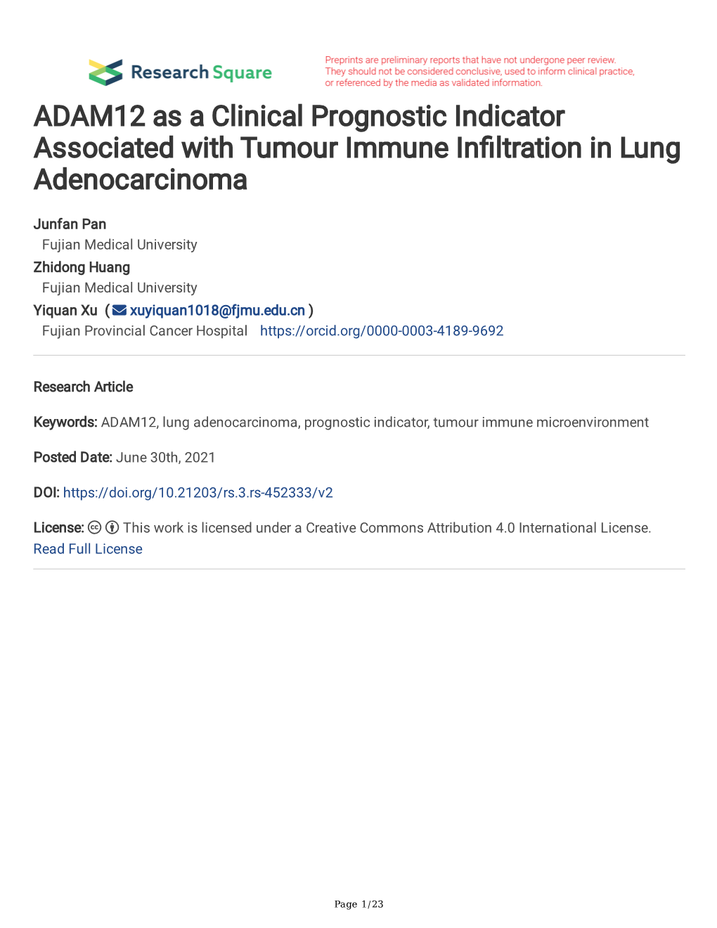 ADAM12 As a Clinical Prognostic Indicator Associated with Tumour Immune Infltration in Lung Adenocarcinoma