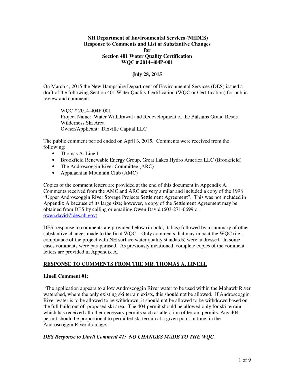 (NHDES) Response to Comments and List of Substantive Changes for Section 401 Water Quality Certification WQC # 2014-404P-001