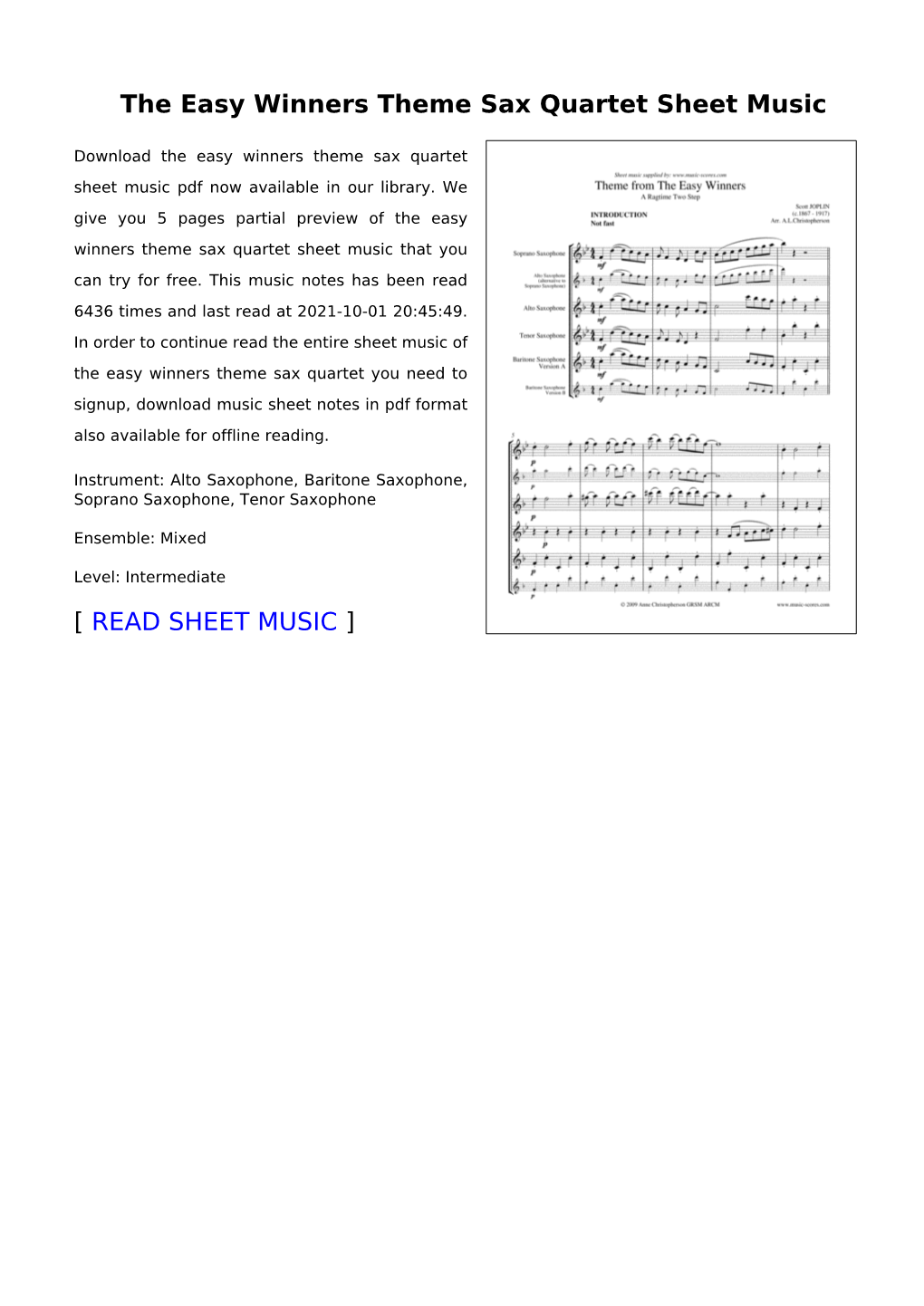 The Easy Winners Theme Sax Quartet Sheet Music