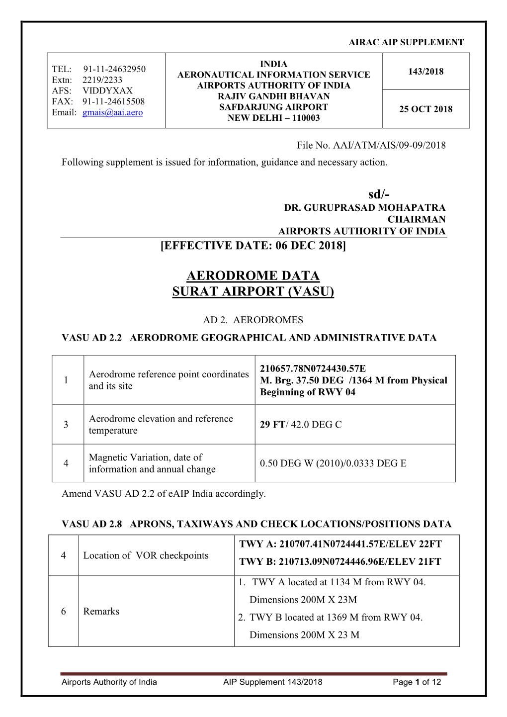 Aerodrome Data Surat Airport (Vasu)