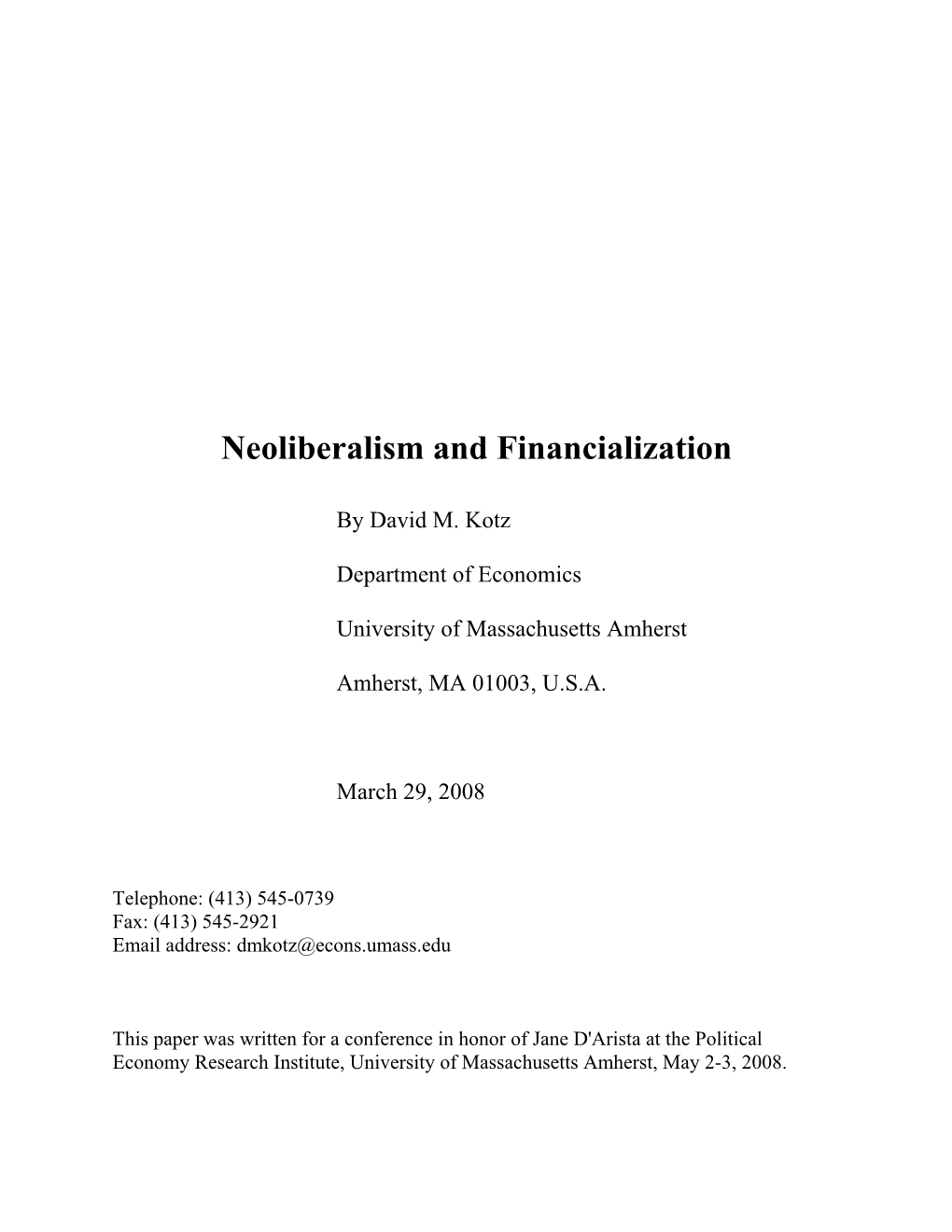 Neoliberalism and Financialization