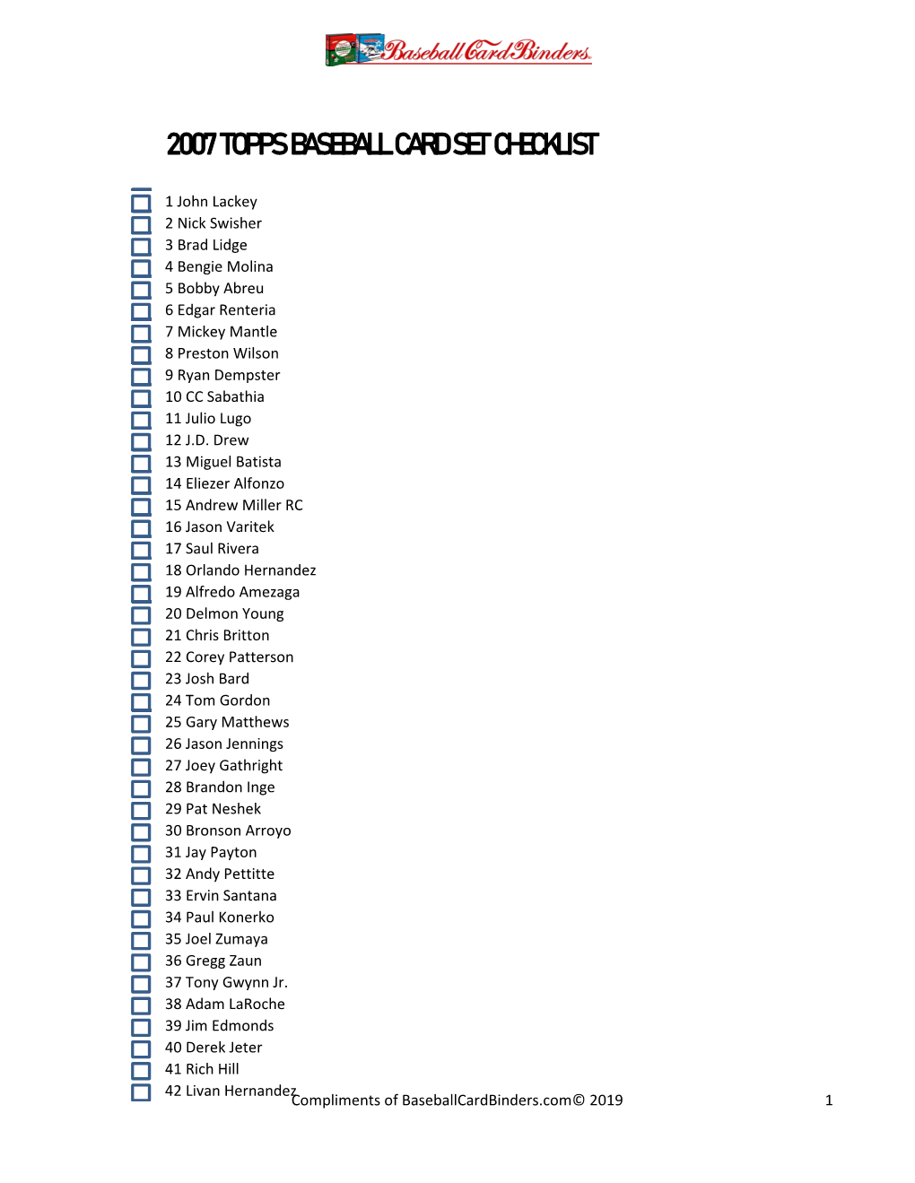 2007 Topps Baseball Card Set Checklist