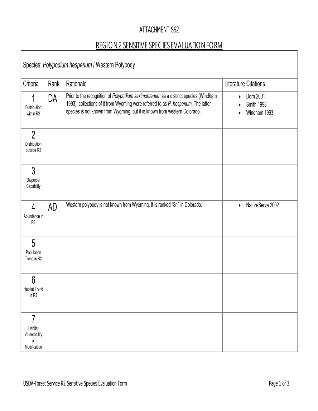 Region 2 Sensitive Species Evaluation Form