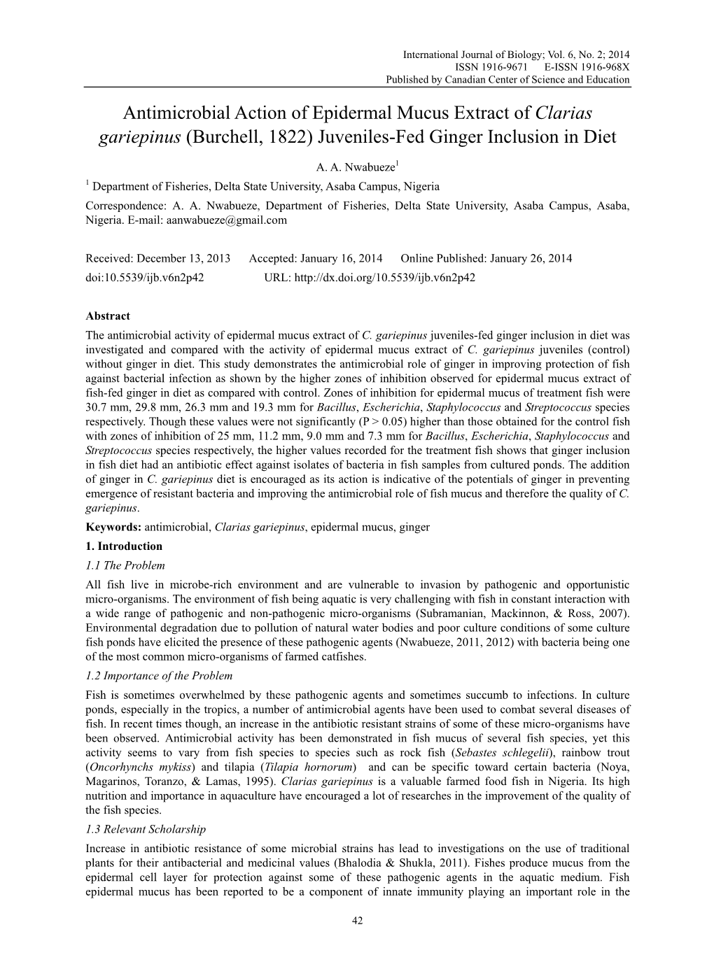 Antimicrobial Action of Epidermal Mucus Extract of Clarias Gariepinus (Burchell, 1822) Juveniles-Fed Ginger Inclusion in Diet