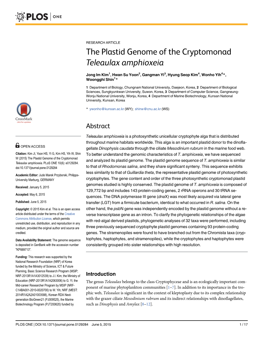 The Plastid Genome of the Cryptomonad Teleaulax Amphioxeia