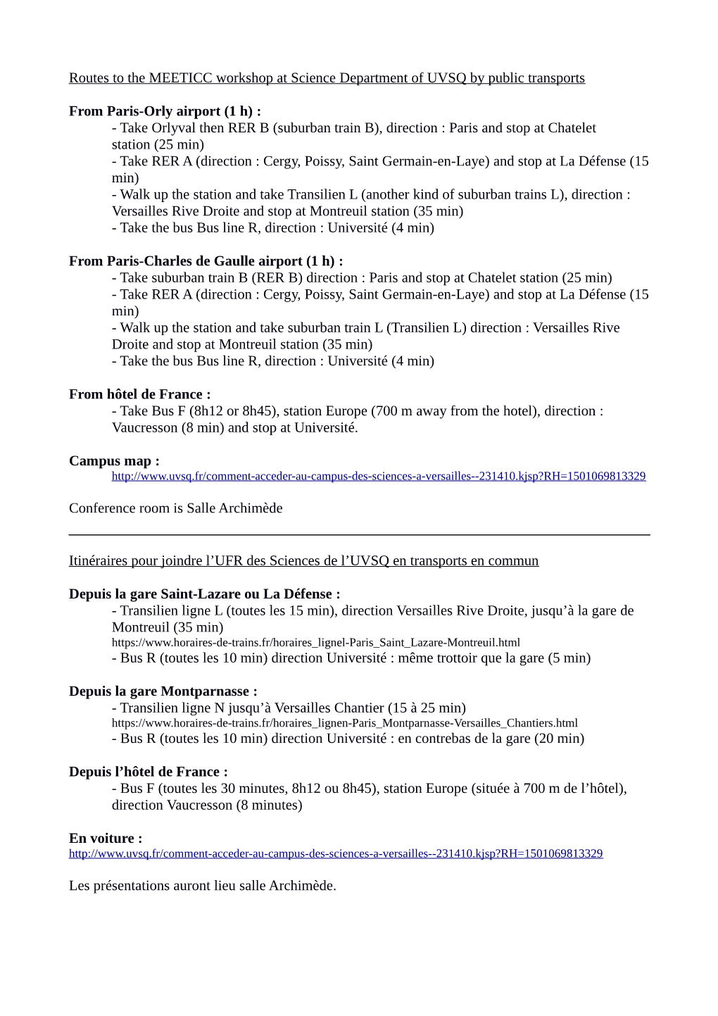 Routes to the MEETICC Workshop at Science Department of UVSQ by Public Transports